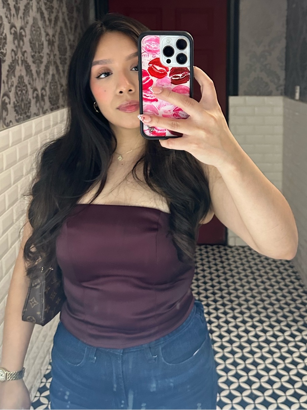 A New Day Satin Strapless Top in Deep Plum
